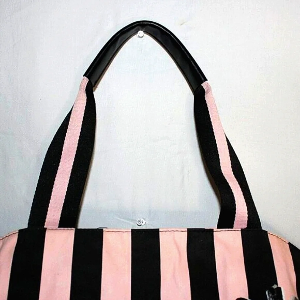 Victoria's Secret Pink & Black Striped Tote Bag – Zipper Top, Spacious & Chic